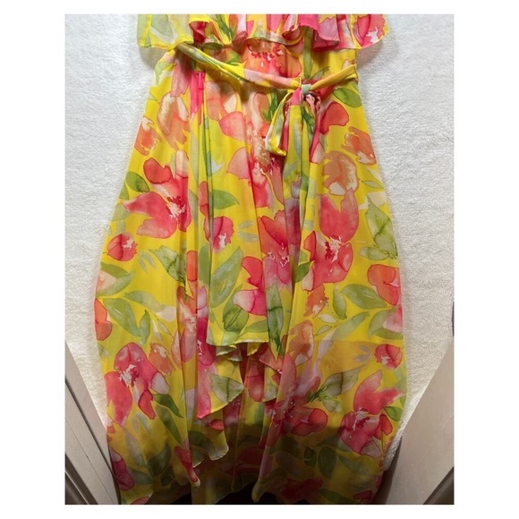 Eliza J Womens Watercolor Floral Hi Lo Hem Dress Sz 4 Yellow & Pink Halter - Picture 5 of 11